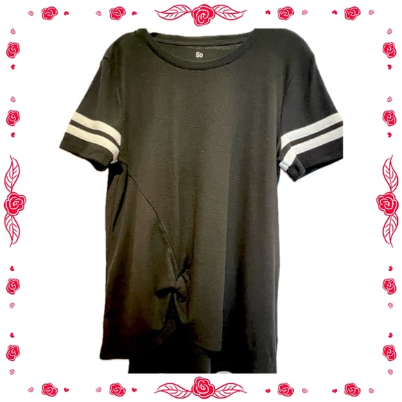 Women’s SO black t-shirt - knotted - ribbed - size Large. White striped sleeves - Picture 1 of 7